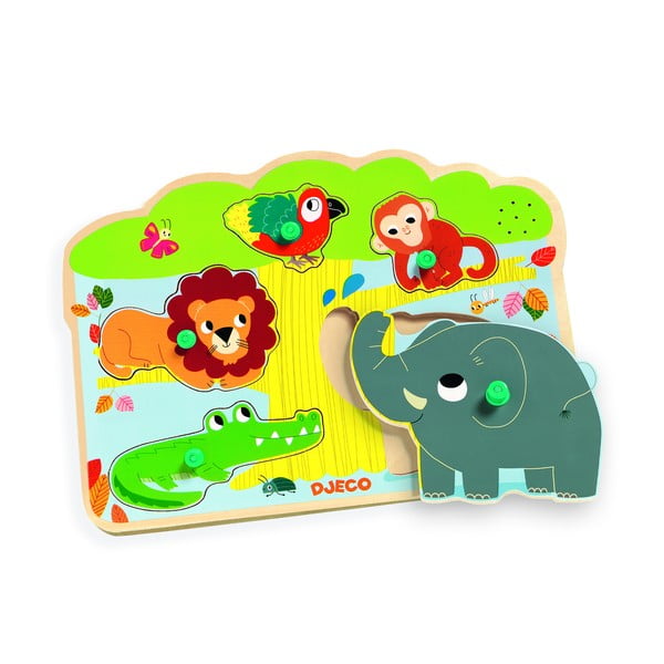 Drevené vkladacie puzzle s motívmi zvieratiek z džungle so zvukmi Djeco