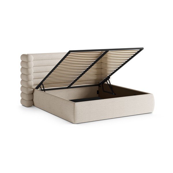 Béžová čalúnená dvojlôžková posteľ s úložným priestorom s roštom 200x200 cm Mount – Micadoni -image-2