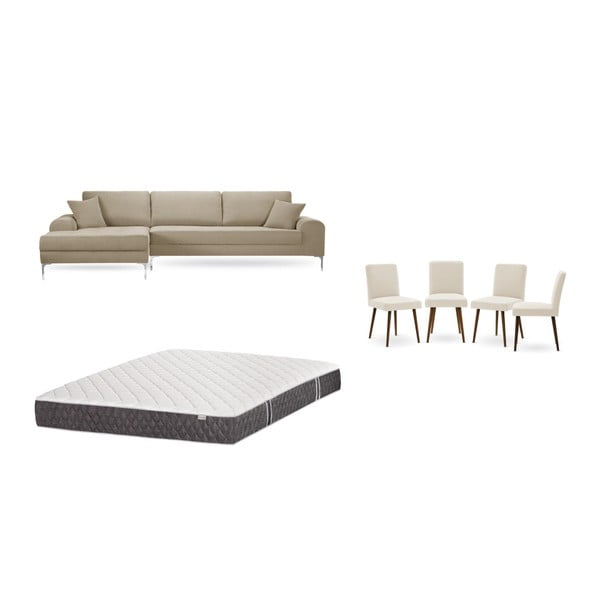 Set sivobéžovej pohovky s leňoškou vľavo, 4 krémových stoličiek a matraca 160 × 200 cm Home Essentials