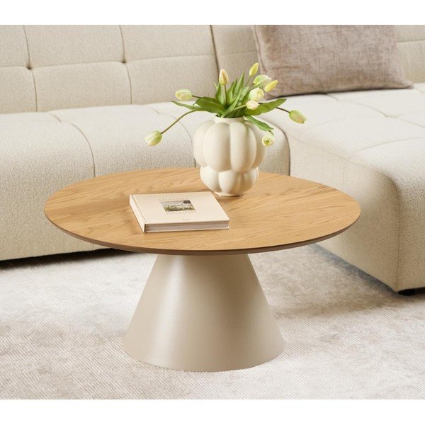 Okrúhly konferenčný stolík s doskou v dubovom dekore v krémovo-prírodnej farbe ø 85 cm Soli – Actona-image-1