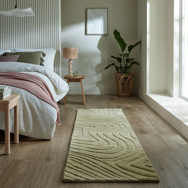 Kaki ručne tkaný vlnený behúň 60x230 cm Mesmerise Sage – Flair Rugs-image-1
