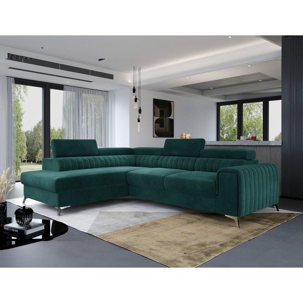 Zelená zamatová rozkladacia/s úložným priestorom rohová pohovka (ľavý roh/do L) Laurence – ELTAP-image-1