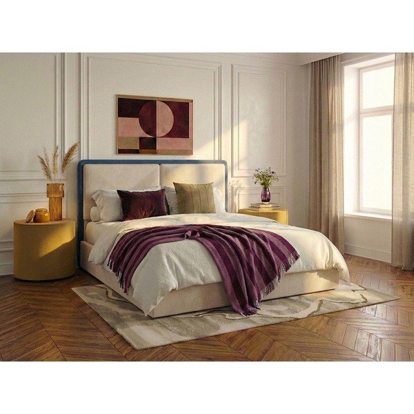 Modrá/béžová čalúnená dvojlôžková posteľ s úložným priestorom s roštom 180x200 cm Mara – Bobochic Paris-image-1