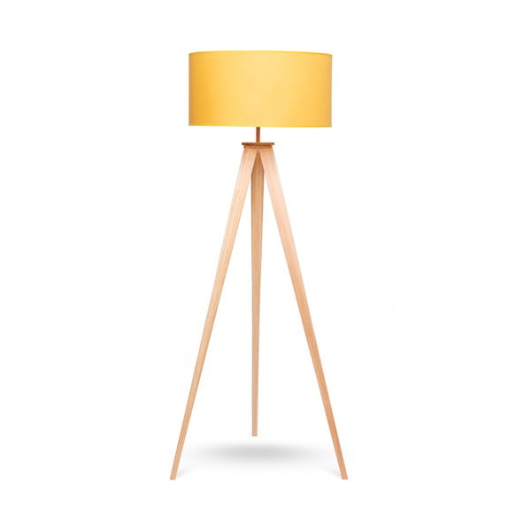 Stojacia lampa s drevenými nohami a žltým tienidlom Bonami Essentials Karol