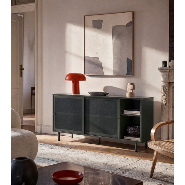Tmavozelená kovová nízka komoda s posuvnými dverami 160x75 cm Veep – Unique Furniture-image-1