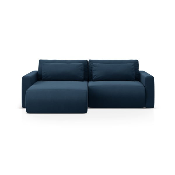 Tmavomodrá zamatová rozkladacia rohová pohovka s úložným priestorom Belfast – Cosmopolitan Design