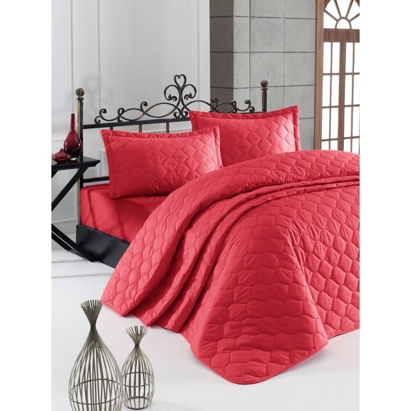 Červená prikrývka cez posteľ s 2 obliečkami na vankúš z ranforce bavlny Mijolnir Fresh, 225 x 240 cm