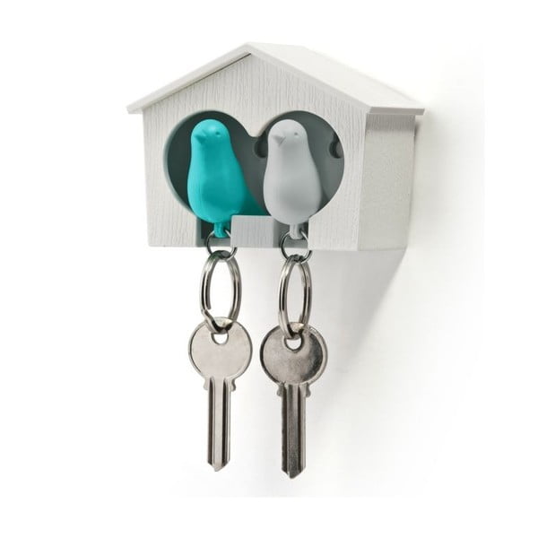 Búdka s kľúčenkami Qualy Duo Sparrow, biela búdka+modrá kľúčenka