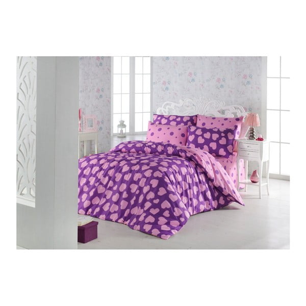 Obliečky s plachtou s prímesou bavlny na dvojlôžko Pari Purple, 200 x 220 cm