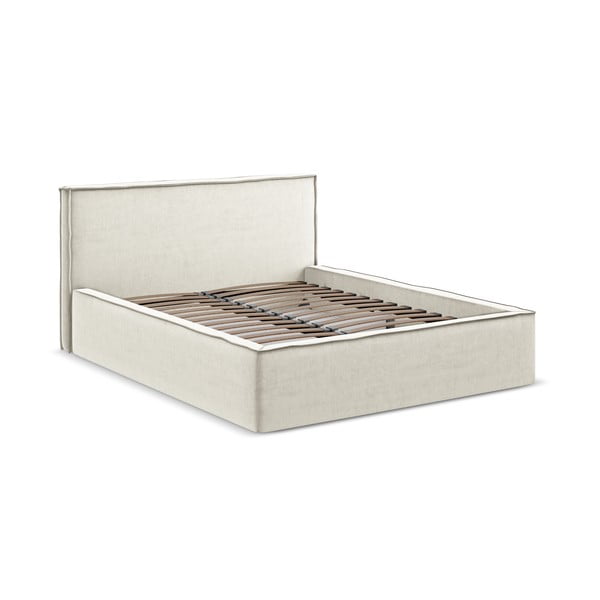 Krémovobiela čalúnená dvojlôžková posteľ s úložným priestorom s roštom 180x200 cm Anani – Makamii