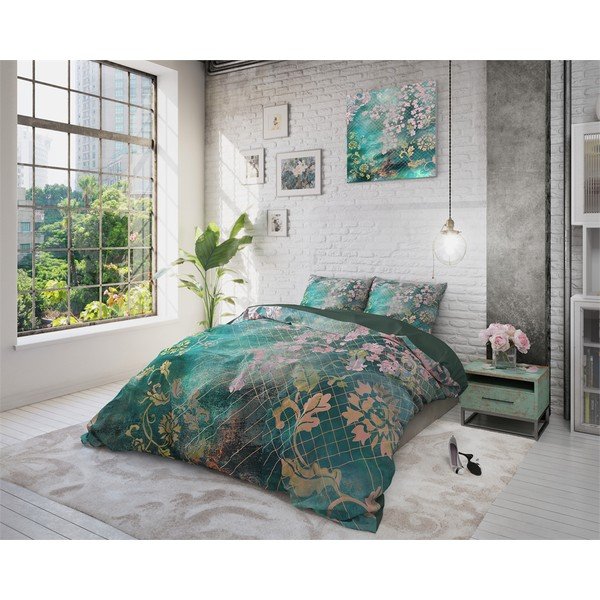 Zelené bavlnené obliečky na dvojlôžko Pure Cotton Tiran Flower, 240 x 200 cm-image-1