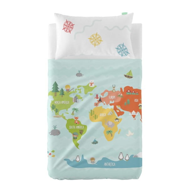 Set plachty a obliečky na vankúš z čistej bavlny Happynois World Map 120 × 180 cm