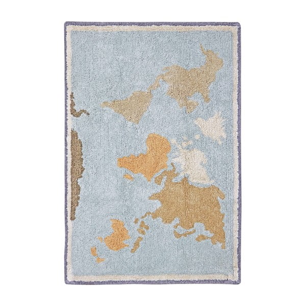 Modro-béžový prateľný ručne tkaný bavlnený detský hrací koberec 70x100 cm Mini Worldmap – Lorena Canals