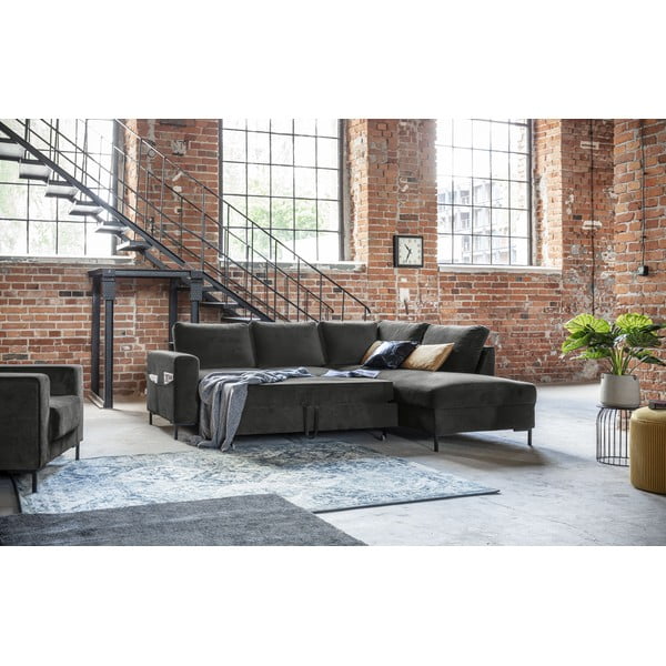 Tmavosivá zamatová rozkladacia rohová pohovka (pravý roh) Lofty Lilly – Miuform-image-1