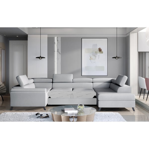 Svetlosivá zamatová rozkladacia/s úložným priestorom rohová pohovka (pravý roh/do tvaru "U") Escada – ELTAP-image-2