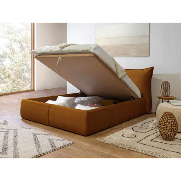 Okrovožltá zamatová čalúnená dvojlôžková posteľ s úložným priestorom s roštom 160x200 cm Jade - Bobochic Paris-image-4