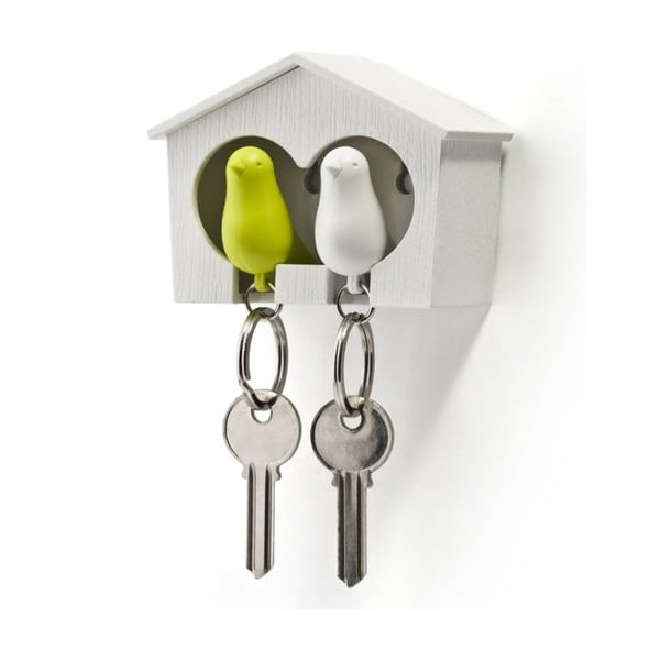 Biely vešiačik na kľúče s bielou a zelenou kľúčenkou Qualy Duoa Sparrow