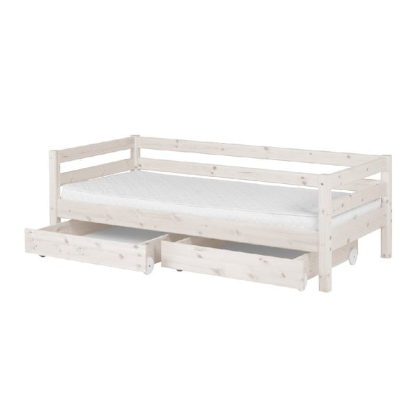 Biela detská posteľ z borovicového dreva s 2 zásuvkami Flexa Classic, 90 × 200 cm