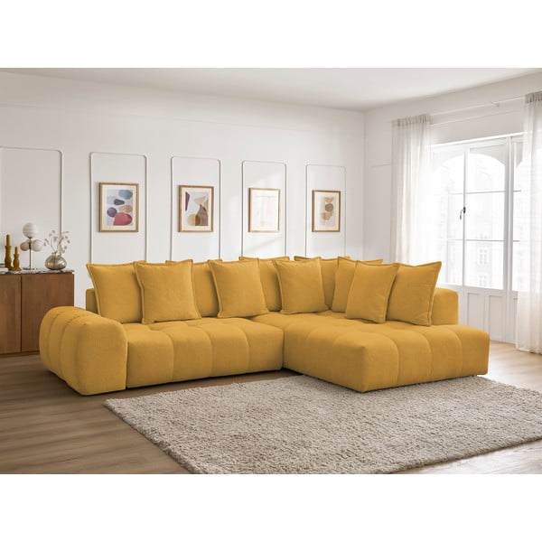 Ženilková rozkladacia/s úložným priestorom rohová pohovka v horčicovej farbe (pravý roh/do L) Everest – Bobochic Paris-image-1