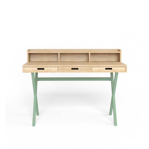 Pracovný stôl z dubového dreva so zelenými kovovými nohami HARTÔ Hyppolite, 120 × 55 cm
