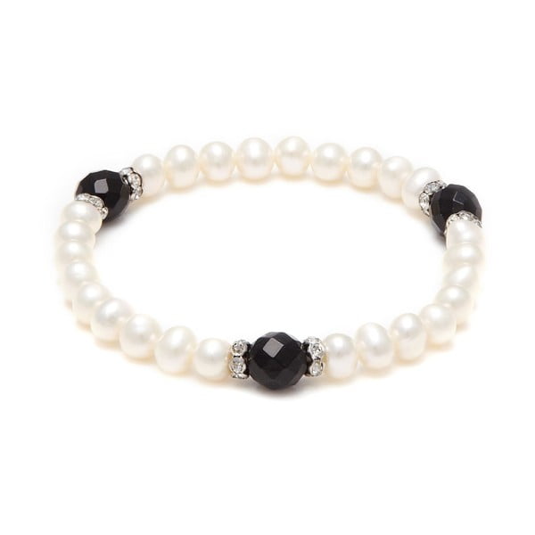 Náramok z riečnych perál GemSeller Hirta, biele perly a čierny ónyx