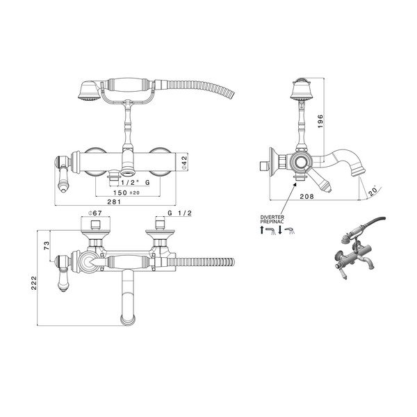 Nástenná vaňová batéria v lesklej striebornej farbe (2 výstupy) Vienna – Sapho-image-1