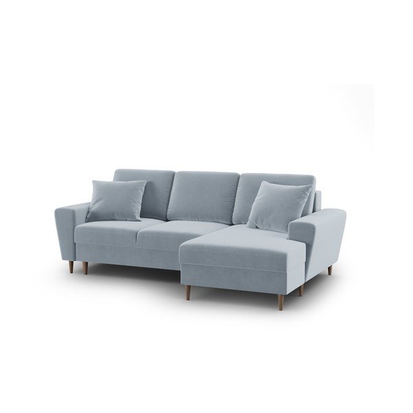 Svetlomodrá zamatová rozkladacia/s úložným priestorom rohová pohovka (pravý roh/s leňoškou) Kyoto – Cosmopolitan Design-image-1