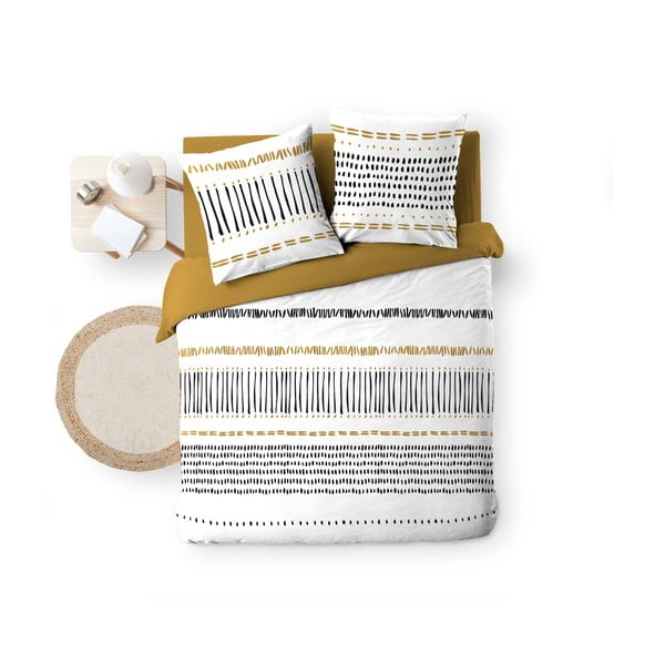 Bavlnené obliečky na dvojlôžko/predĺžené v horčicovej farbe/bielej 240x220 cm Chicago – douceur d'intérieur-image-4