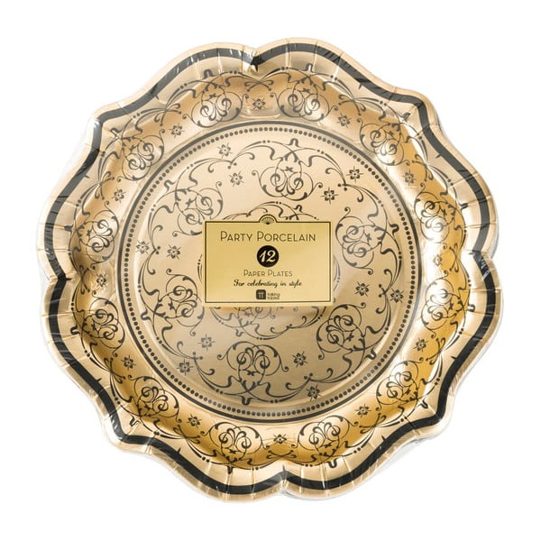 Sada 12 zlato-čiernych papierových tanierov Talking Tables Baroque