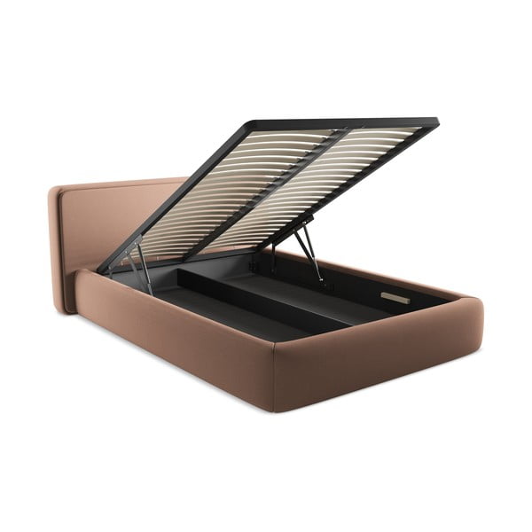 Svetloružová čalúnená dvojlôžková posteľ s úložným priestorom s roštom 140x200 cm Kiana – Makamii-image-3