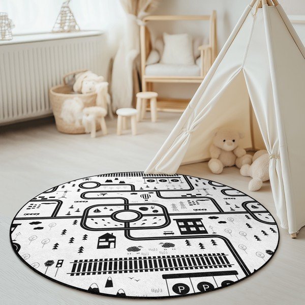 Čierno-biely prateľný detský hrací koberec ø100 cm In My Town – Mila Home-image-1