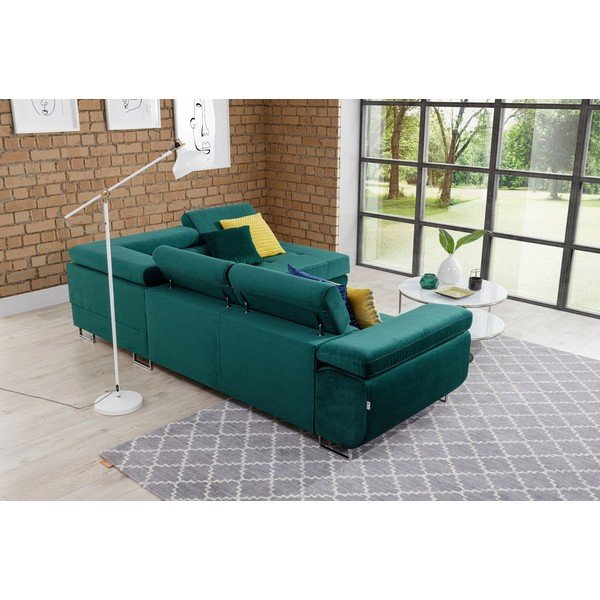 Zelená zamatová rozkladacia/s úložným priestorom rohová pohovka (pravý roh/do L) Anton – ELTAP-image-4