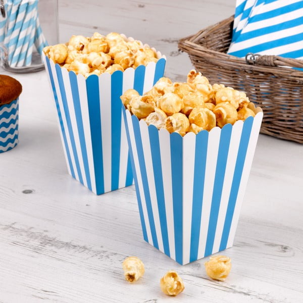 Sada 8 modrých papierových škatuliek na popcorn Neviti Carnival Stripes