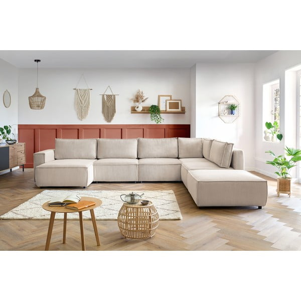 Krémovobiela menčestrová rohová pohovka (pravý roh/do tvaru "U") Nihad modular – Bobochic Paris-image-1