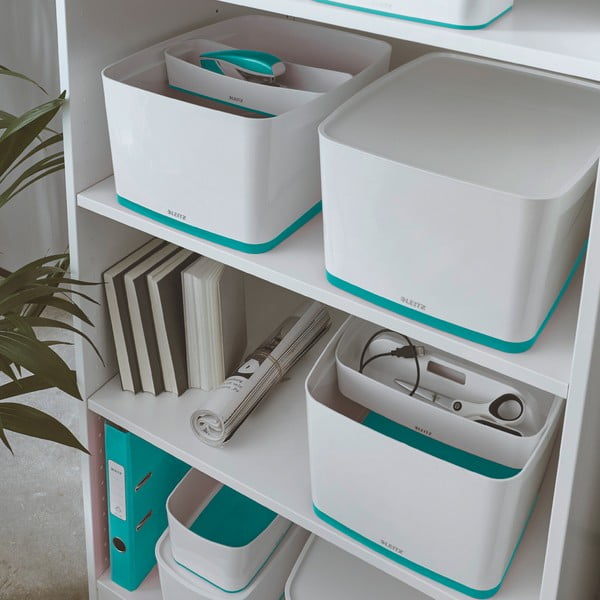Bielo-tyrkysovomodrá úložná škatuľa s vekom Leitz Office, objem 18 l-image-1