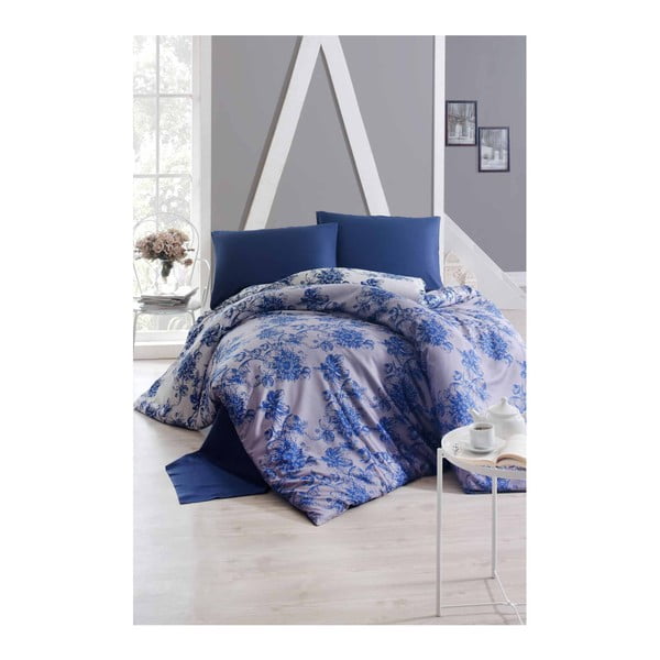 Obliečky z bavlneného saténu s plachtou na dvojlôžko Monica Blue, 200 × 220 cm