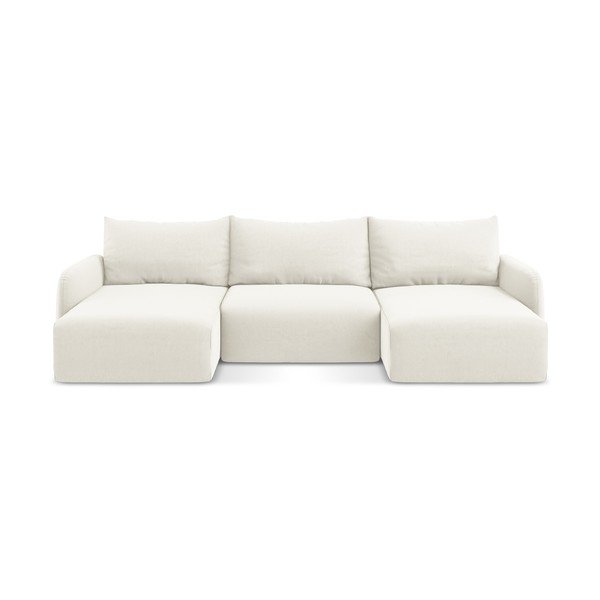 Krémová zamatová rozkladacia/s úložným priestorom rohová pohovka (do tvaru "U") Kalena – Makamii