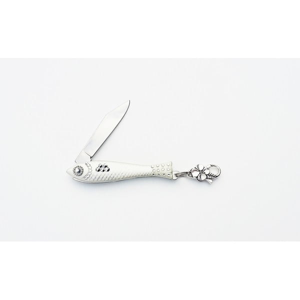 Perleťový český nožík rybička so striebornými krištáľmi a karabínkou v dizajne od Alexandry Dětinskej