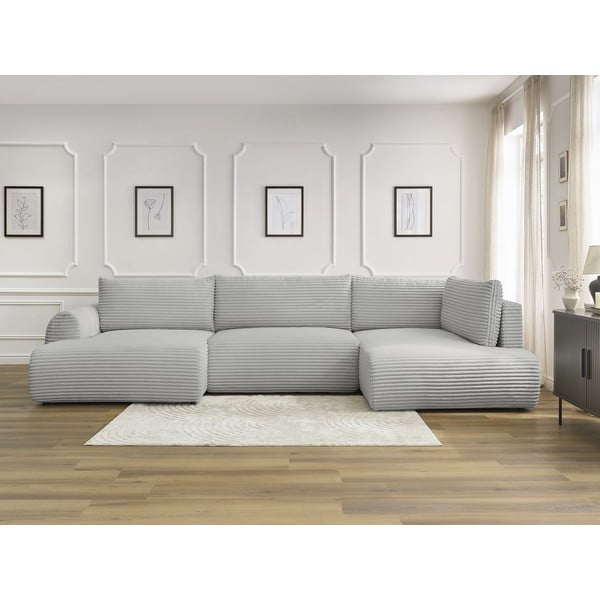 Svetlosivá menčestrová rozkladacia/s úložným priestorom rohová pohovka (pravý roh/do tvaru "U") Lucien – Bobochic Paris-image-1