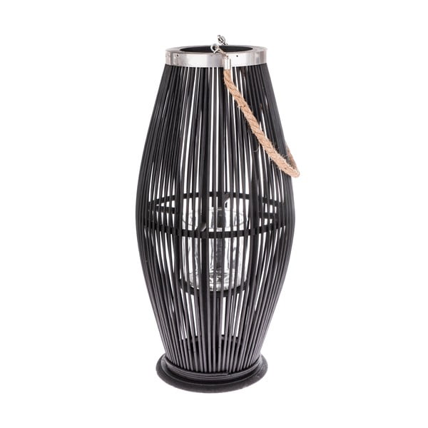 Čierny sklenený lampáš s bambusovou konštrukciou Dakls, výška 59 cm
