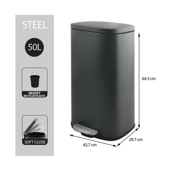 Tmavosivý nášľapný oceľový odpadkový kôš 50 l Akira – Spirella-image-2