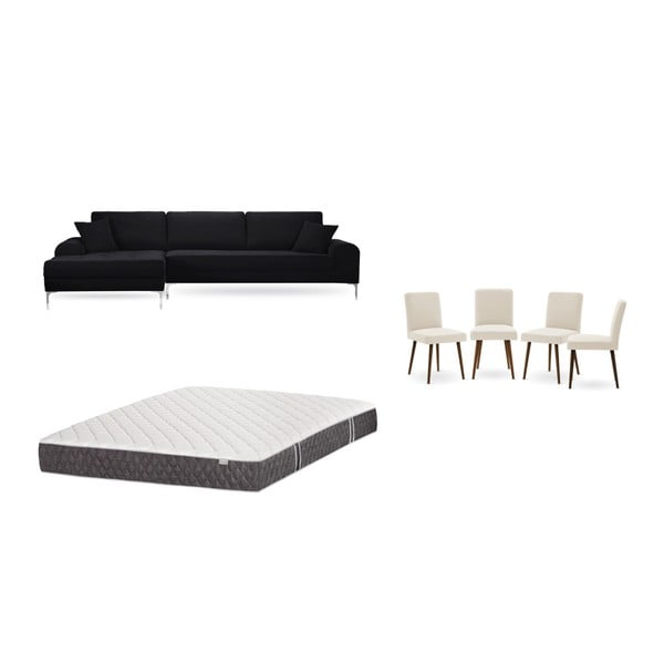 Set čiernej pohovky s leňoškou vľavo, 4 krémových stoličiek a matraca 160 × 200 cm Home Essentials