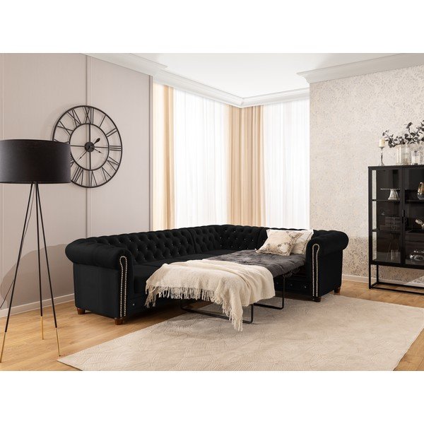 Čierna zamatová rozkladacia rohová pohovka (pravý roh/do L) York Blik – Ropez-image-4