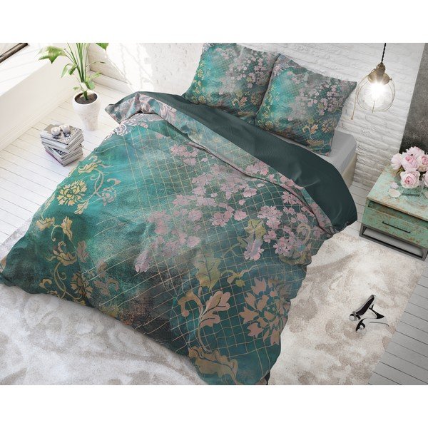 Zelené bavlnené obliečky na jednolôžko Pure Cotton Tiran Flower, 140 x 200 cm-image-1