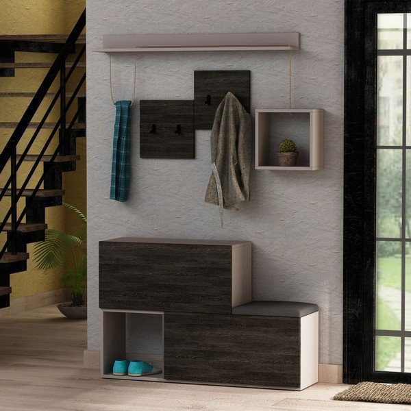 Set tmavosivej skrinky na topánky/lavice a nástenného vešiaka s policou Homitis Holdon-image-1