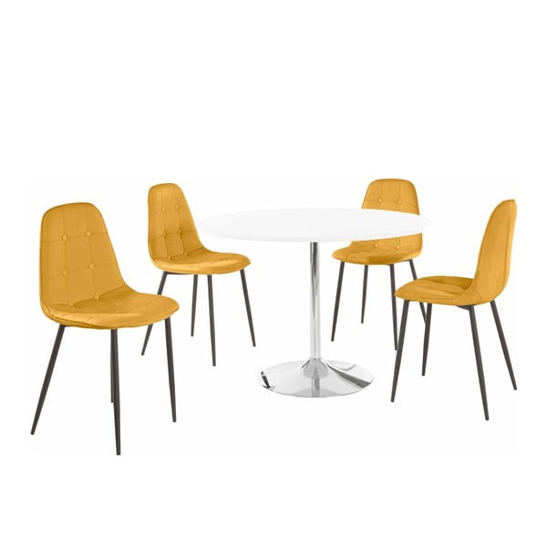 Sada okrúhleho jedálenského stola a 4 žltých stoličiek Støraa Terri
