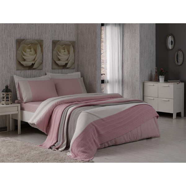Obliečky s plachtou a posteľnou prikrývkou Pink and Grey, 160x220 cm
