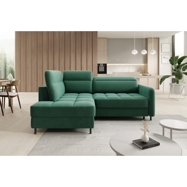 Zelená zamatová rozkladacia/s úložným priestorom rohová pohovka (ľavý roh/do L) Barea – ELTAP-image-1