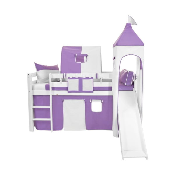 Detská biela poschodová posteľ so šmýkačkou a fialovo-bielym hradným bavlneným setom Mobi furniture Tom, 200 x 90 cm