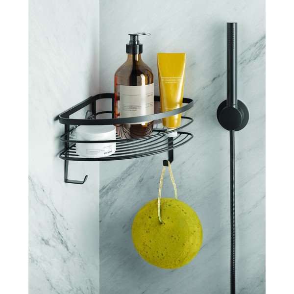 Čierna nástenná rohová kúpeľňová polica Metaltex Origin-image-1